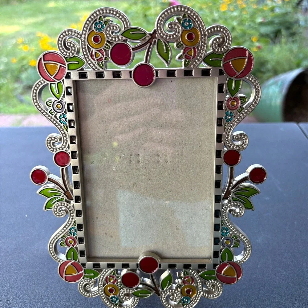 Mary Engelbreit Enameled Metal Floral Cherry Checkered 4x6 Picture Frame Silver